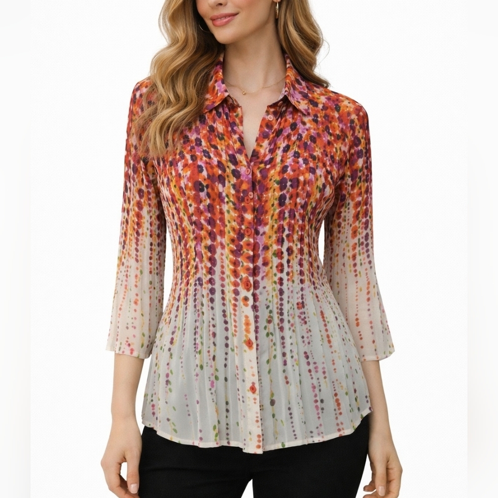 Vtg NEW YORK CITY Design Colorful Floral Rainbow Button Down Chiffon Shirt